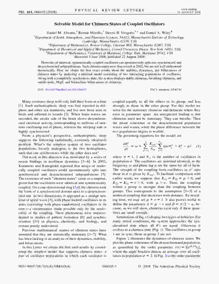 Abrams Mirollo Strogatz and Wiley - Solvable Model for Chimera States of Coupled Oscillators - PRL 2008